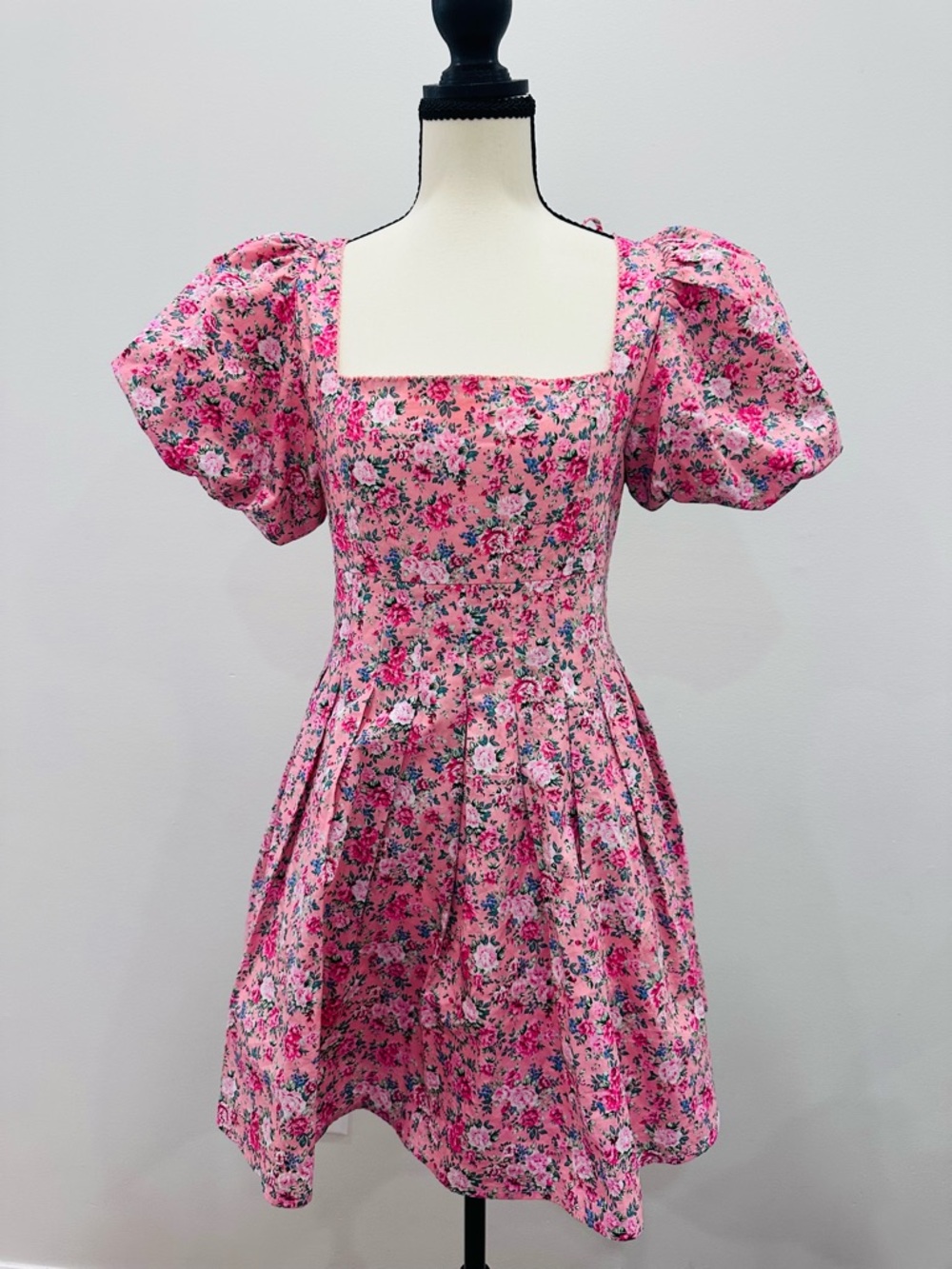 MABEL Pink Floral Puff-Sleeve Square Neck Mini Dress Spring Summer Size Small